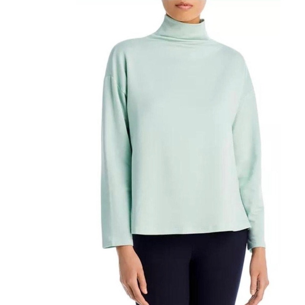 NEW Eileen‎ Fisher Absynthe Green Tencel Organic Cotton Funnel Neck Box Top L